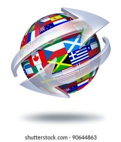 World Communications Symbol And Global Connections Concept With International Flags Of The Globe With Two Curved Arrows On A Sphere As A Social Exchange And Trade Icon For Importing And Exporting.