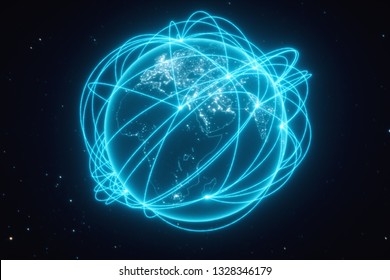 World Connections With City Lights. Blue. Earth Globe. Spinning Earth With Light Lines Growing From Major Cities All Over The World. 3d Illustration