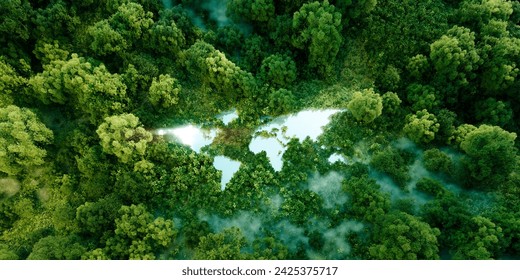 World continents in a form of a large lake amids lush rainforest as an ecology metaphopre for nature conservation and climate change awareness. 3d rendering. - Powered by Shutterstock