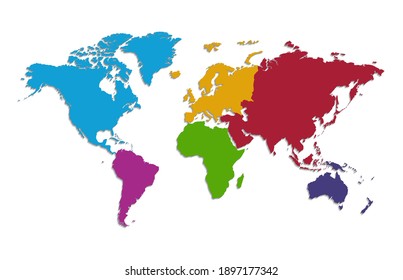 World continents map, separate individual continent, color map isolated on white background blank raster