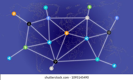 World Cryptocurrency Decentralized Blockchain Financial Digital Exchange Network. Top 10 Cryptocurrencies Digital Technology Concept Illustration
