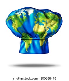 World Cuisine And International Meals As Greek Italian Mexican American French And Chinese Or Japanese Food Represented By A Restaurant Cooking Chef Hat With An Illustration Of The Earth On The Cap.