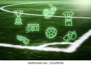 World Cup Football Arena. Trophy, Goal, Soccer Ball, Fotball Shirt On A Blurred Futball Field Background