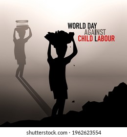 World day against child labor with student Books in the head Walking shadow. Flat style illustration concept of child abuse and exploitation campaign for poster and banner.