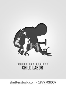 World day against Child Labor. The kid working with the hammer and multiple children Play. The boy is flying a kite. Breaking bricks. Paper cutout design on white background.