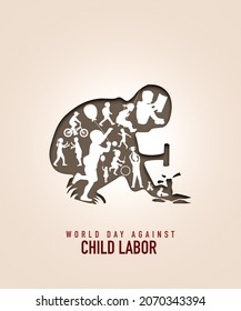 World day against Child Labor. The kid working with the hammer and multiple children Play. The boy is flying a kite. Breaking bricks. 1st May Day. Labour Day. Paper cutout design on white background.