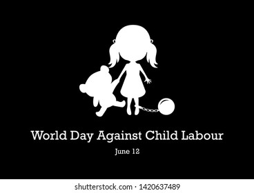 World Day Against Child Labour Poster. Children Worker Illustration. Little Girl With Bear Silhouette Icon. Abused Little Girl Icon. Important Day