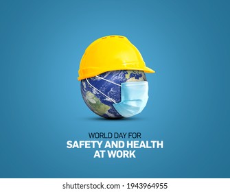 World Day For Safety And Health At Work 3d Illustration Concept.The Planet Earth And The Helmet Symbol Of Safety And Health At Work Place. 