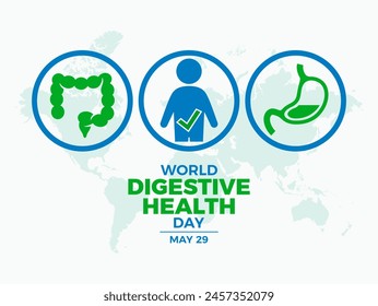 World Digestive Health Day poster illustration. Healthy stomach and intestines icon set. Gut health symbol. Template for background, banner, card. May 29 every year. Important day - Powered by Shutterstock