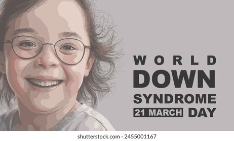 World Down Syndrome Day: A smiling Down syndrome child or girl faces forward, the event title, and date against a gray backdrop. - Powered by Shutterstock