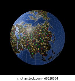 World Economies With Stock Market Tickers Sliding On Globe Centered On Asia