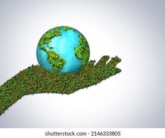 World Environment day concept 2021. Ecosystem Restoration 2021 environment day concept 3d tree background. Hand Holding earth Globe In Green Forest - Environment day Concept.
