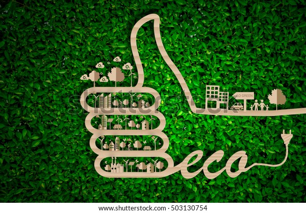 World Environment Day.\
let\'s save the world.ecology concept,green city concept on paper\
craft die cut. Eco design - Green and Sustainable, vector grass\
blurred background\
.