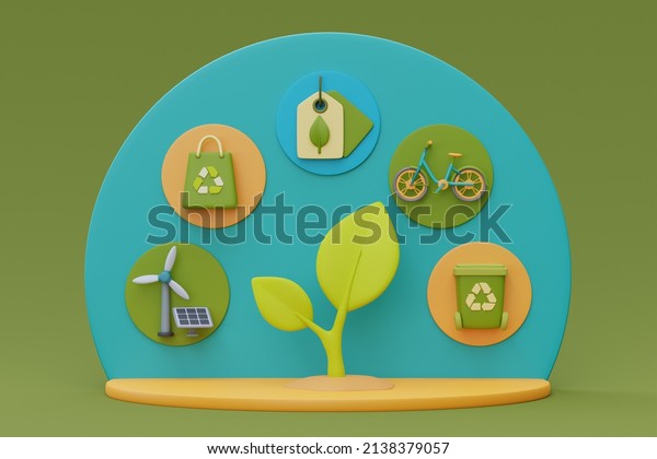 World environment\
day, Seedling around by solar panels, wind turbine, recycle bin,\
bicycle, ecology icons, Alternative source of electricity, clean\
energy,3d\
rendering.