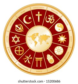 World of Faiths. 12 world religions in golden circle around world map, red BG: Buddhism, Islam, Hindu, Taoism, Christianity, Sikh, Native Spirituality, Confucian, Shinto, Baha'i, Jain, Judaism.
