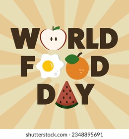 World food day poster. It has various food illustration such as fried egg and apple orange and watermelon fruits. Design is colorful with oranges stripes and brown text. - Powered by Shutterstock