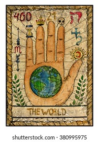 The world.  Full colorful deck, major arcana. The old tarot card, vintage hand drawn engraved illustration with mystic symbols. Concept image with human hand or palm with earth planet in the middle