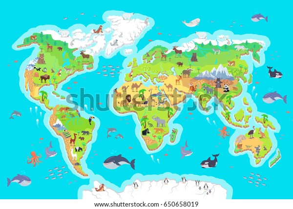世界の地図と動植物 陸や海の動物 北米 南米 ヨーロッパ アジア オーストラリア アフリカ 南極 図 太平洋大西洋インド北極海 のイラスト素材