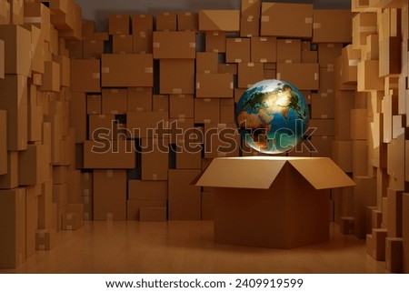 World global floating out of the parcel box in warehouse, worldwide logistic delivery concept, 3D rendering.