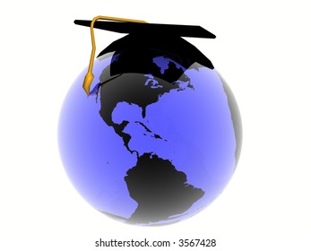 world globe  american continent wearing  graduation hat.  Globalization, education concept.
