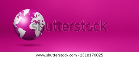 World globe, earth map, floating over a pink background. 3D isolated illustration. banner template