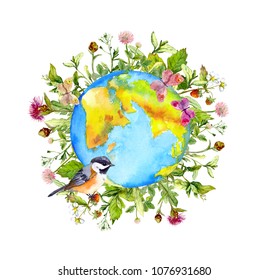 World globe, flowers, wild grass, green leaves, butterflies and bird. Watercolor for Environment day - Earth, plants, animals