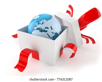 World globe with gift isolated on white background. 3d illustration