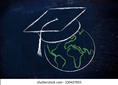 world globe with graduation cap, metaphor of global e-learning