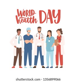 World Health Day banner with elegant lettering and group of happy medical staff, medicine workers, physicians, doctors, paramedics, nurses standing together. illustration in flat cartoon style - Powered by Shutterstock