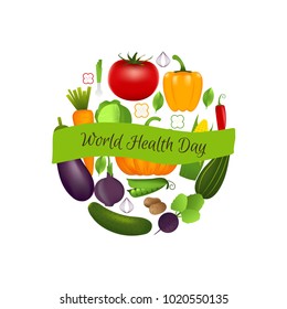 World Health Day Concept With Vegetables . Advertisement Of  Healty Lifestyle And Vegan Food. People Healthcare. 