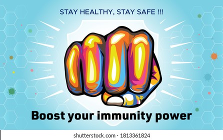 World Health Day. Fight, Kicks Covide-19 Corona Virus Pandemic And Boost Your Immunity Power, Strong Immunity Booster Concept, Against Pandemic And Plus Icon With Hand Punch, Concept Idea