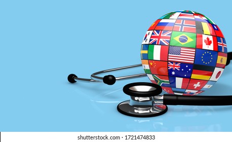 World Health And Global Healthcare Concept With A Medical Stethoscope And A Globe With International Flags On Blue Background 3D Illustration With Copy Space.