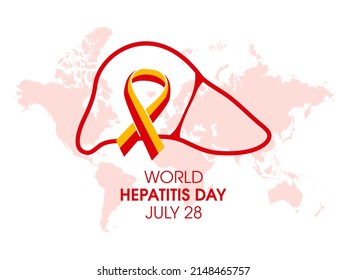 World Hepatitis Day on 28 July illustration. Liver organ and yellow red awareness ribbon icon. Global awareness of hepatitis. Important day