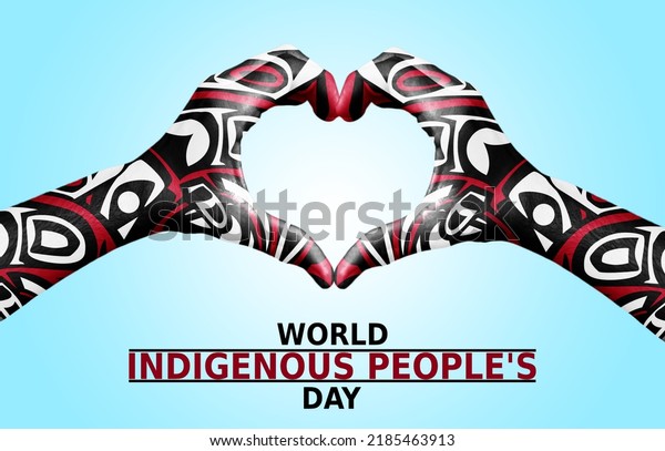 World indigenous people\'s day poster\
with indigenous patterned heart shape human\
hand