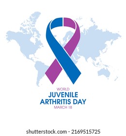 World Juvenile Arthritis Day Illustration. Blue And Purple Color Awareness Ribbon And World Map Silhouette Icon Isolated On A White Background. March 18. Important Day