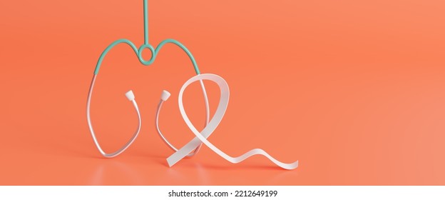 World Lung Cancer day. Lung cancer awareness background with white ribbon and stethoscope. world tuberculosis tb day, world no tobacco day, lung cancer, long covid, COPD, 3d render illustration - Powered by Shutterstock