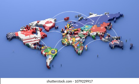 World map with all states and their flags,3d render