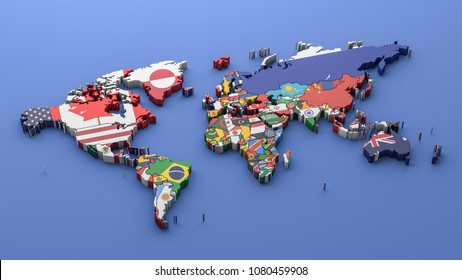 Weltkarte mit allen Staaten und ihren Flaggen,3D-Darstellung