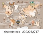 World map with animals and hot air balloons for children, Beige colors, Poster with animals, Nursery wall decor