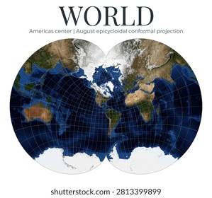 World Map. August epicycloidal conformal projection centered on Americas. High-detail physical map of Earth. Latitude 20, Longitude -80. April View. Elements of this image furnished by NASA.
