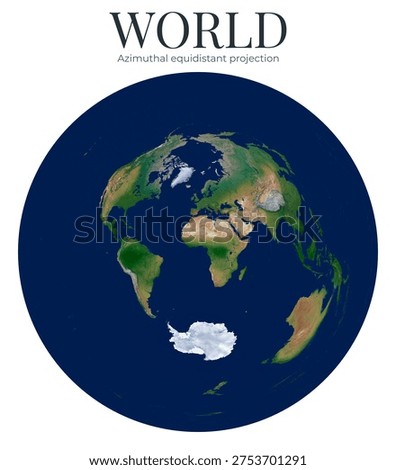 World Map. Azimuthal equidistant projection. High Detail Physical Map of The World. Raster Graphic Illustration.