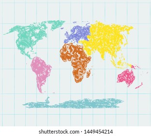 World Map Background. Each Continent In Different Color. Escher Style.