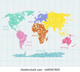 World Map Background. Each Continent In Different Color. Escher Style.