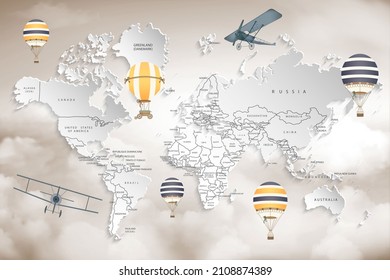 world map with balloons and planes against the sky  for digital printing wallpaper, custom design wallpaper