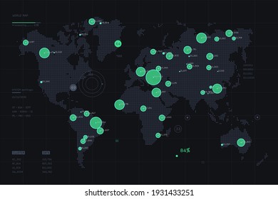 World Map Big Data Visualization. Hotspots On Map. Global Activity Monitoring. Complex Visual Geo Information. Human Activity Data Map. Futuristic Dashboard.