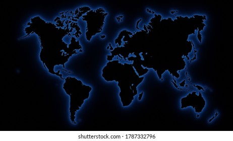 World Map In Blue Neon On Black, Geopolitics Concept, War Room. Digital 3D Render.