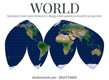 World Map. Boggs interrupted eumorphic projection. Standard interrupts Atlantic. Latitude zero, longitude negative twenty. High detail physical globe illustration.