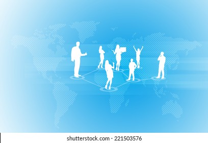 World map with business people silhouettes. Blue gradient background