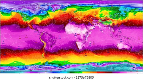 The world map centered on the Atlantic Ocean is color-coded to represent different temperature ranges around the world. - Powered by Shutterstock