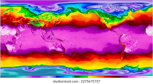 The world map centered on the Pacific Ocean is color-coded to represent different temperature ranges around the world. - Powered by Shutterstock